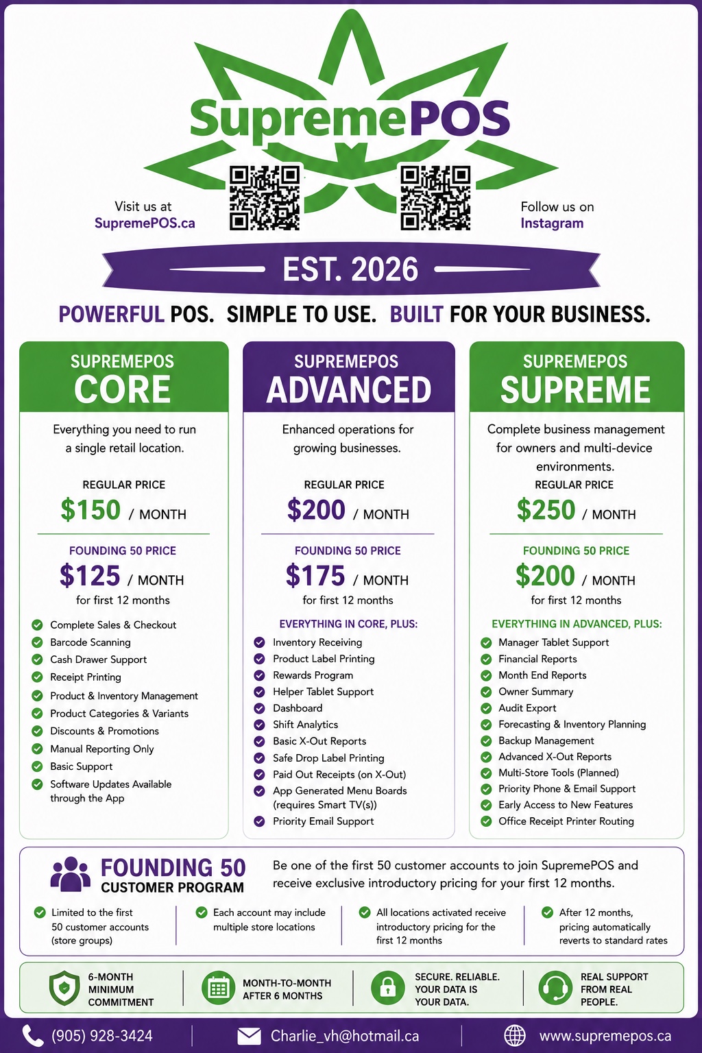 SupremePOS retail plan flyer showing Core, Advanced and Supreme pricing and included features
